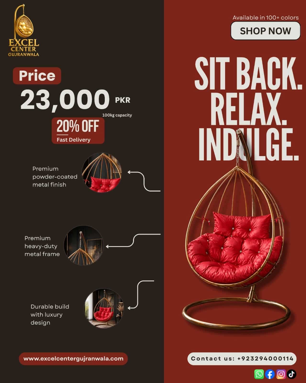Excel Center Gold Metal Frame Single Hanging Egg Chair with Red Cushion Price 23000 PKR