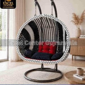 Excel Center Gujranwala Black and White Double Seater Hanging Egg Chair with Red Cushion