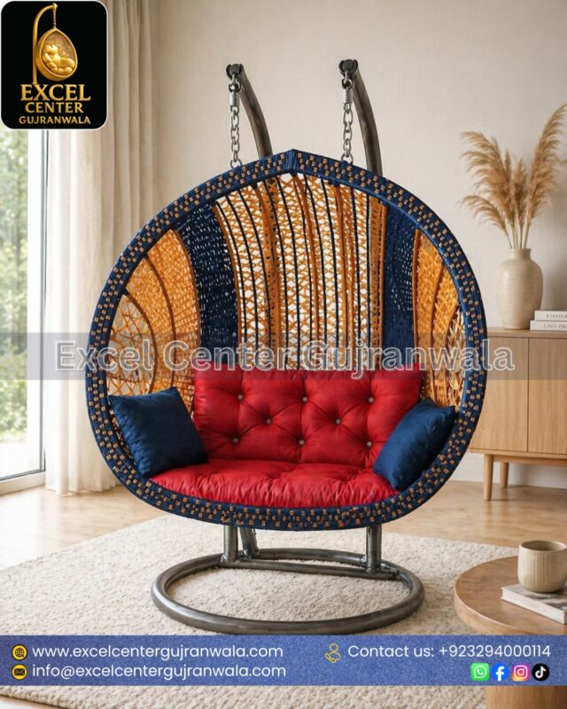 Excel Center Gujranwala Double Seater Hanging Egg Chair Swing with Red Cushions