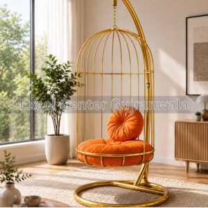 Excel Center Gujranwala Luxury Birdcage Design Gold Metal Hanging Chair with Orange Cushion