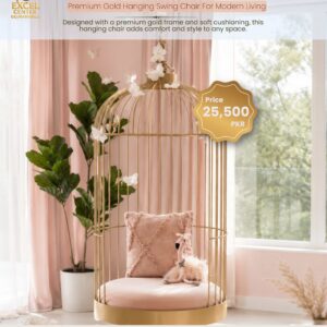 Excel Center Gujranwala Premium Gold Hanging Birdcage Swing Chair with Soft Pink Cushioning Price 25500 PKR