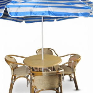 Elegant Outdoor Patio Dining Set with Blue & White Striped Umbrella