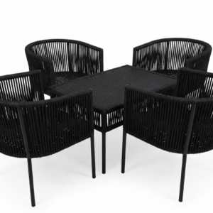 A 4-seater black rope woven dining set with a matching table, ideal for patio and garden use.