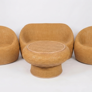 Modern Rattan Wicker Living Room Set – Rounded Sofa and Chairs with Pedestal Coffee Table