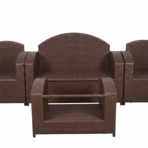 A 4-piece brown synthetic rattan furniture set featuring two armchairs, a loveseat, and a matching coffee table.